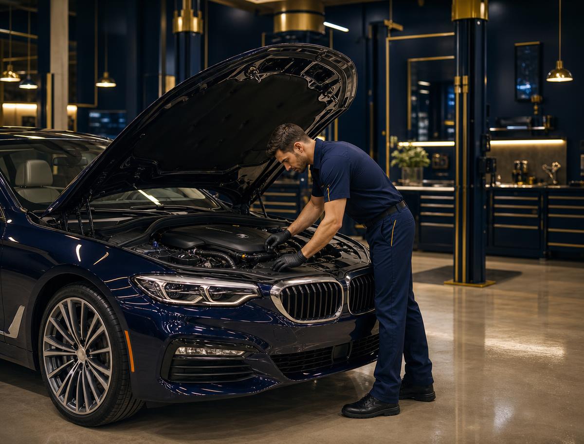 ASE-certified technician inspecting a luxury vehicle engine in a premium auto repair facility